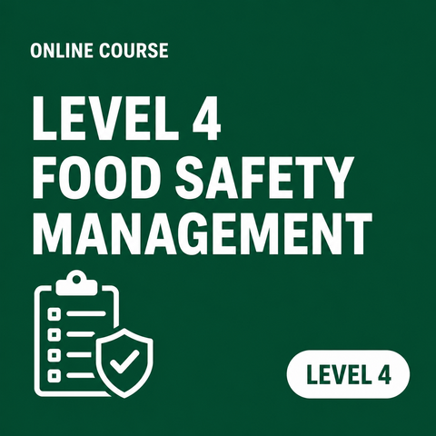 Dark-green Level 4 Food Safety Management online-course cover with a checklist-and-shield symbol.