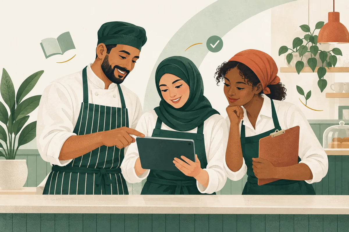Food workers learning together around a tablet in a café