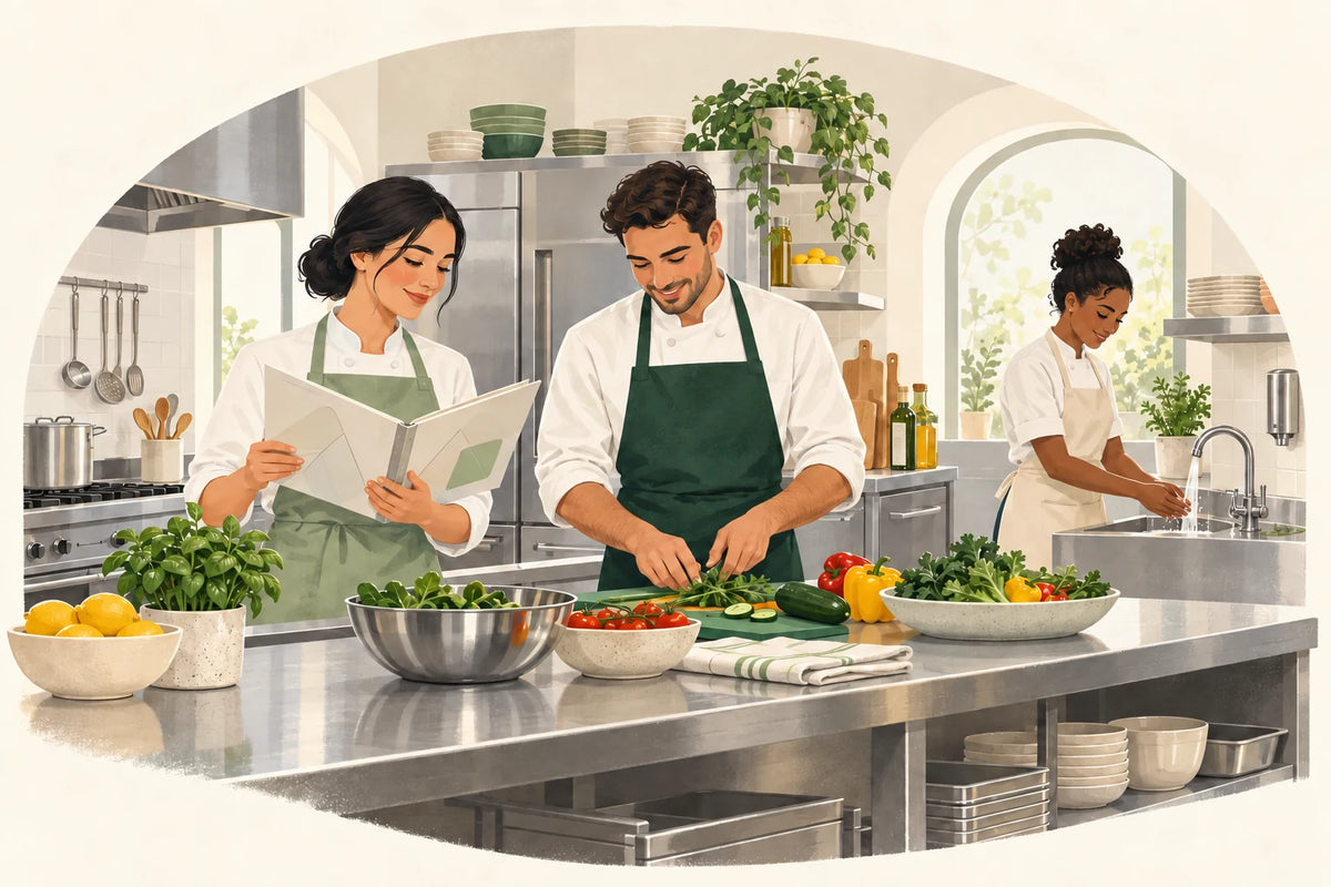 Illustration of colleagues using a food safety guide in an organised kitchen