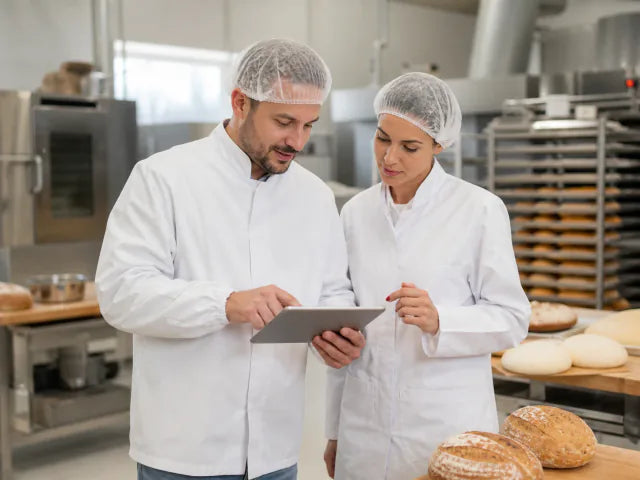 Food-business professionals reviewing food-safety information on a tablet