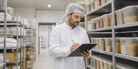 Food-production worker checking stock in a storage facility