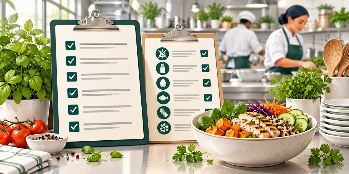 Menu and ingredient information beside prepared food