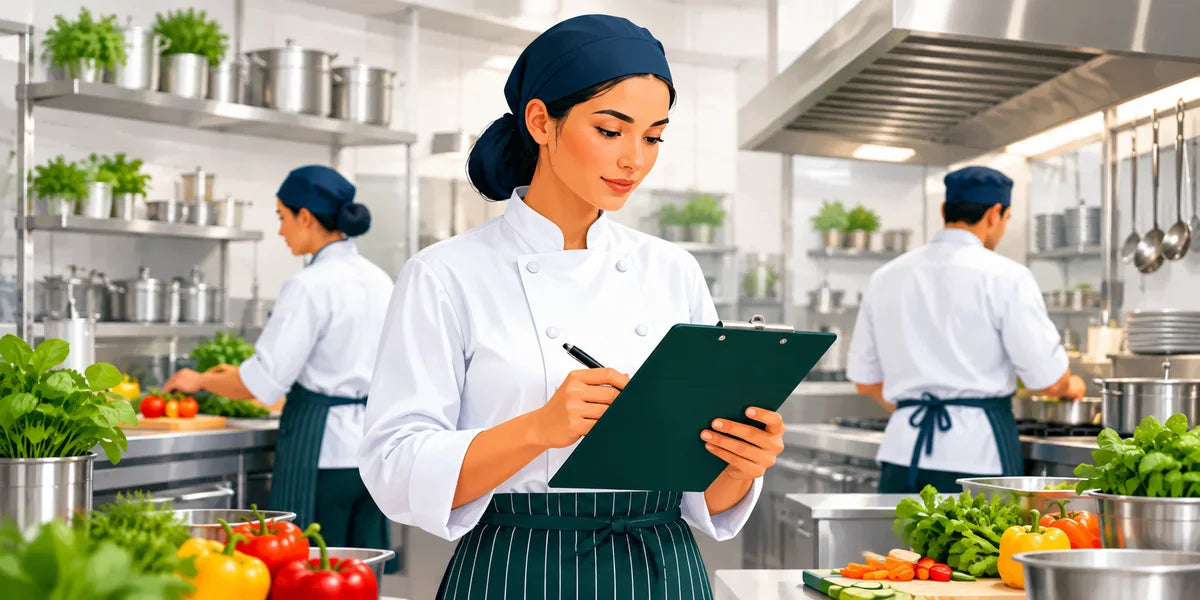 Kitchen supervisor with clipboard and colleagues