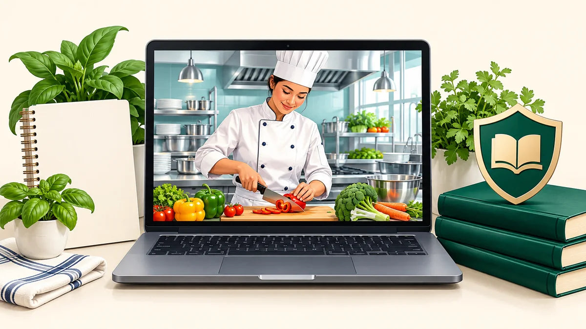 Illustrated chef training on a laptop, with plants and a food-safety book